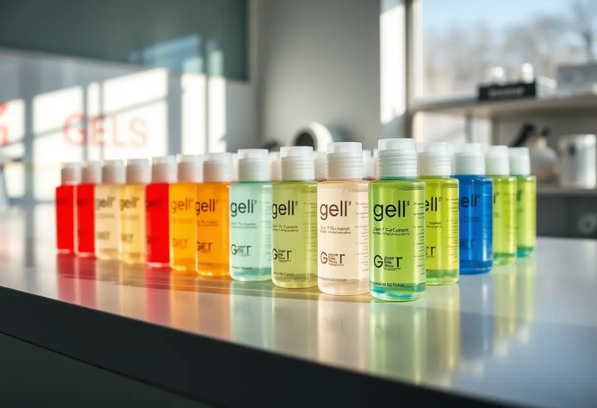 Bouteilles de gel alignées sur un bureau dans un salon de beauté