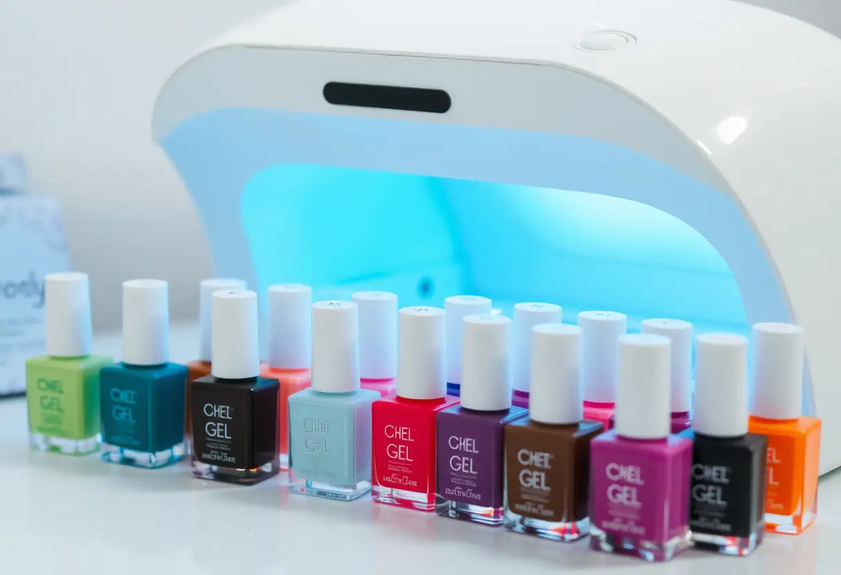 Bouteilles de gel polish rangées par couleur près d'une lampe UV