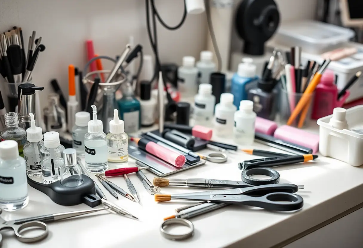 Station de manucure avec divers outils et bouteilles organisés pour entretenir les ongles