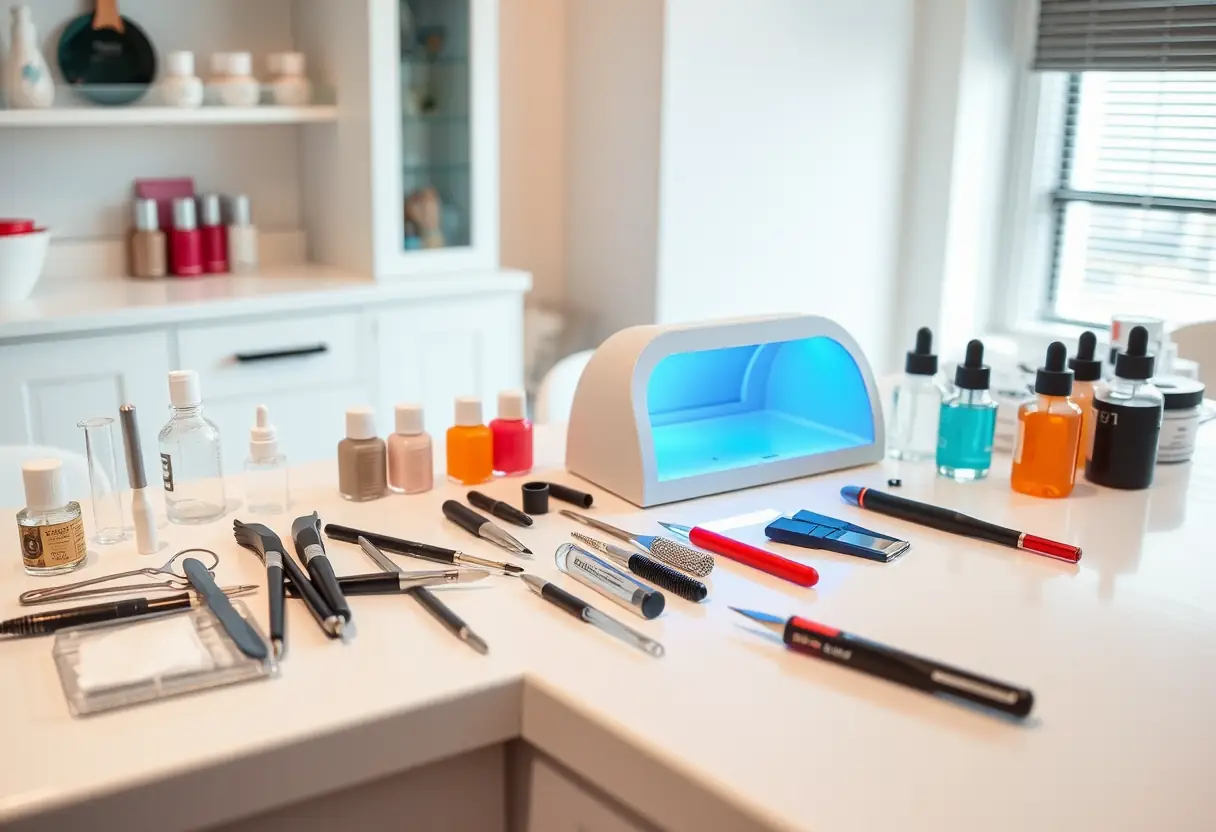 Outils de manucure disposés sur un comptoir de salon d'ongles