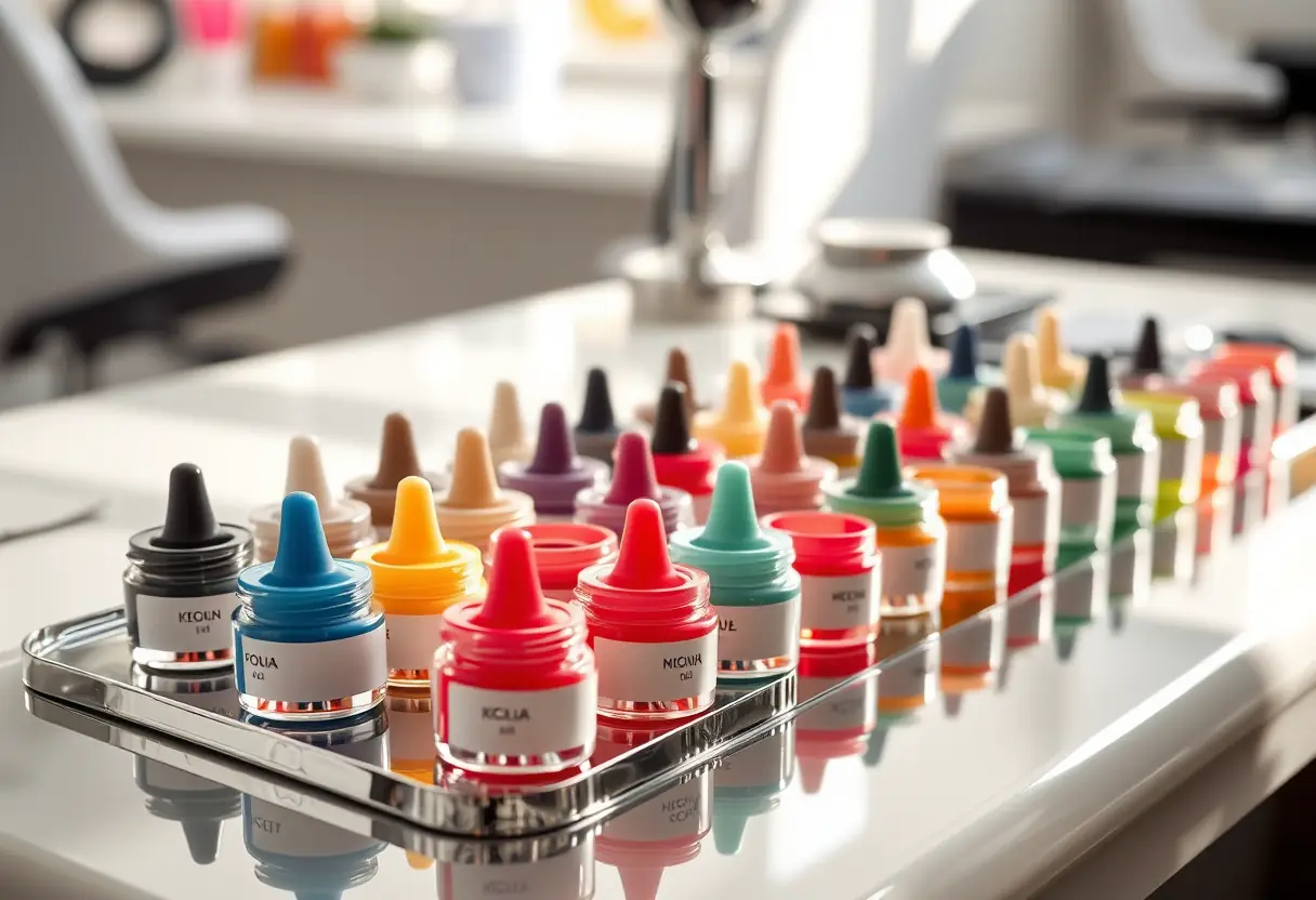 Des pots de gel colorés sur une table de manucure professionnelle