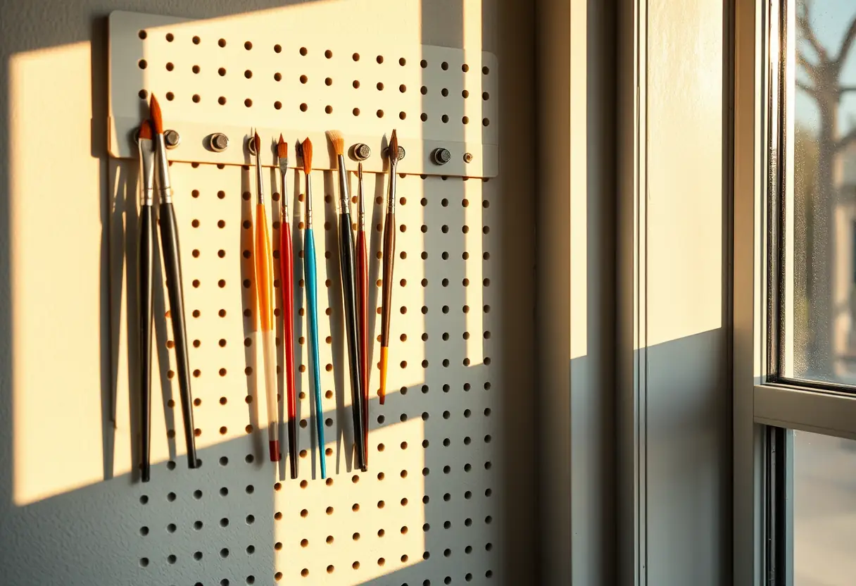 Brosse à acrylique accrochée près d'une fenêtre dans un salon de manucure