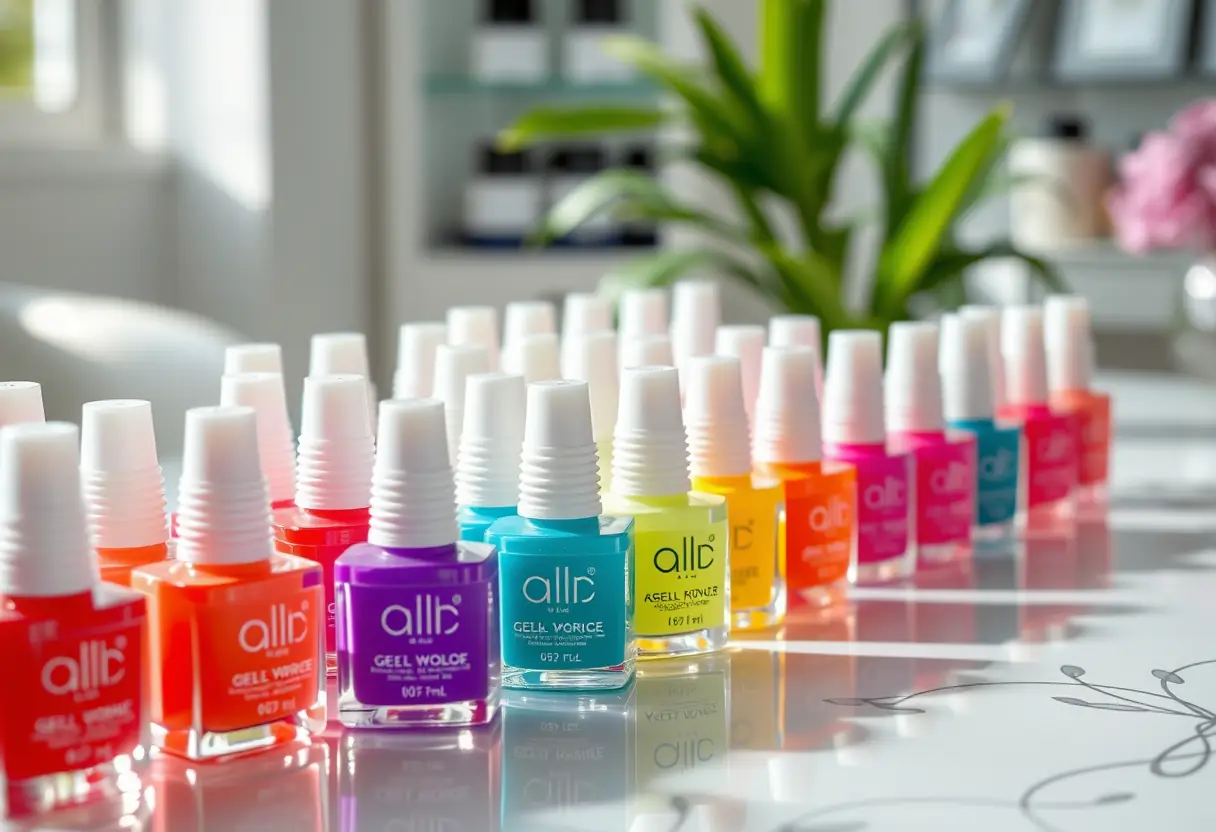 Bouteilles de gel alignées sur une table de manucure, diversité des couleurs pour l'art des ongles