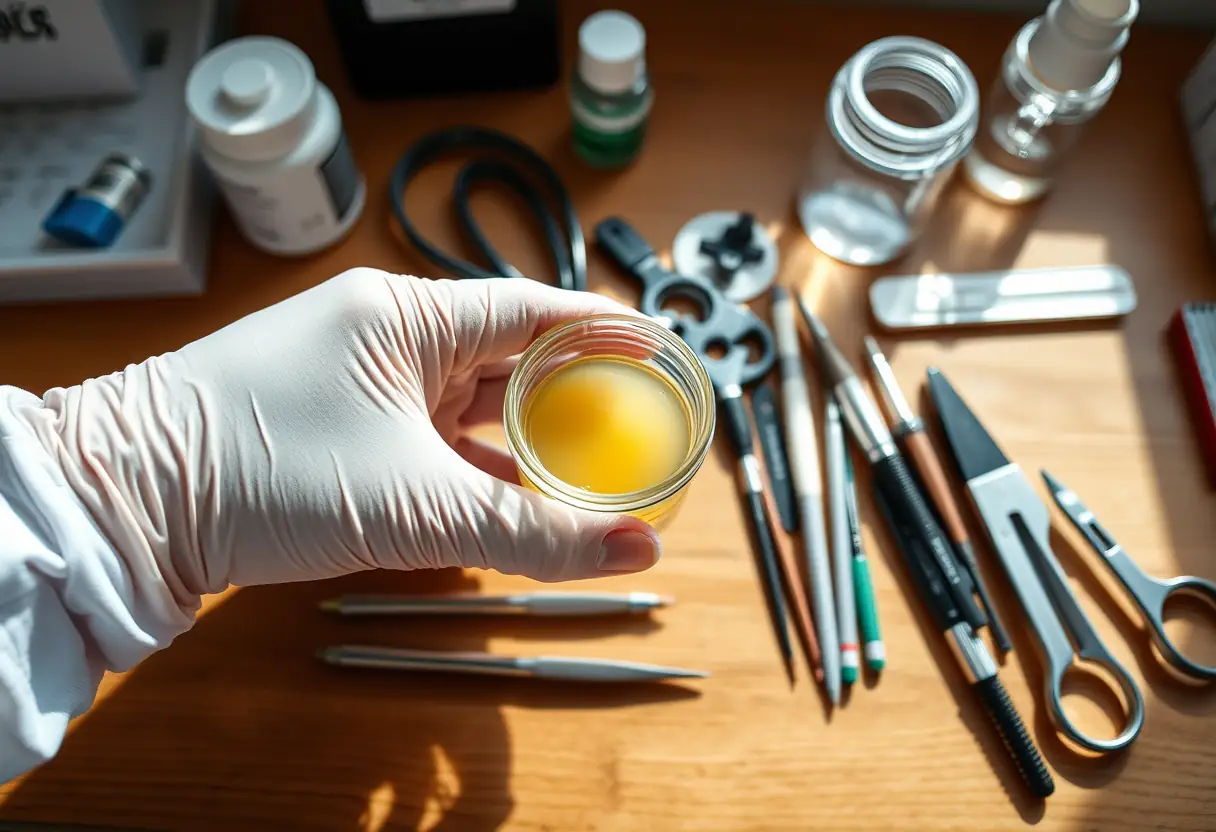 Un technicien tient un petit pot de gel sur son bureau, accompagné d'outils organisés