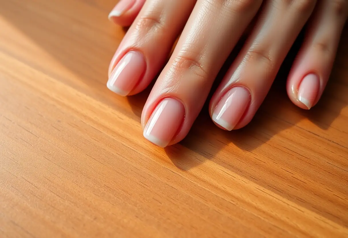 Des ongles bien entretenus sur une surface bois, la lumière souligne la brillance du gel