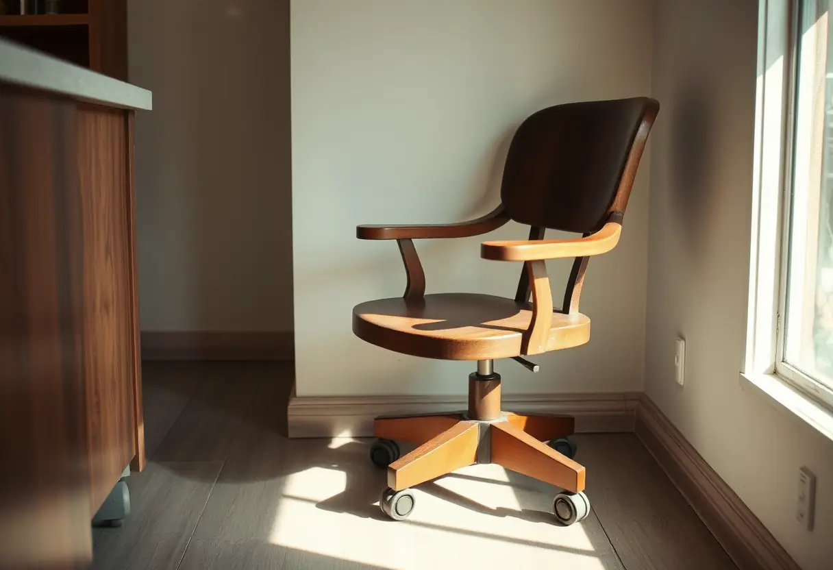 Un fauteuil roulant usé dans un coin du salon aux roues légèrement poussiéreuses mais encore fonctionnels