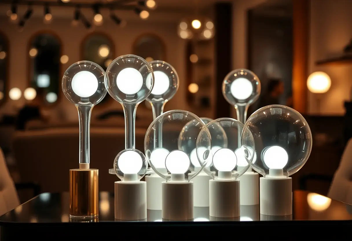 Une rangée de lampes UV à verre lisse sur une table dans le salon émettant une lumière douce