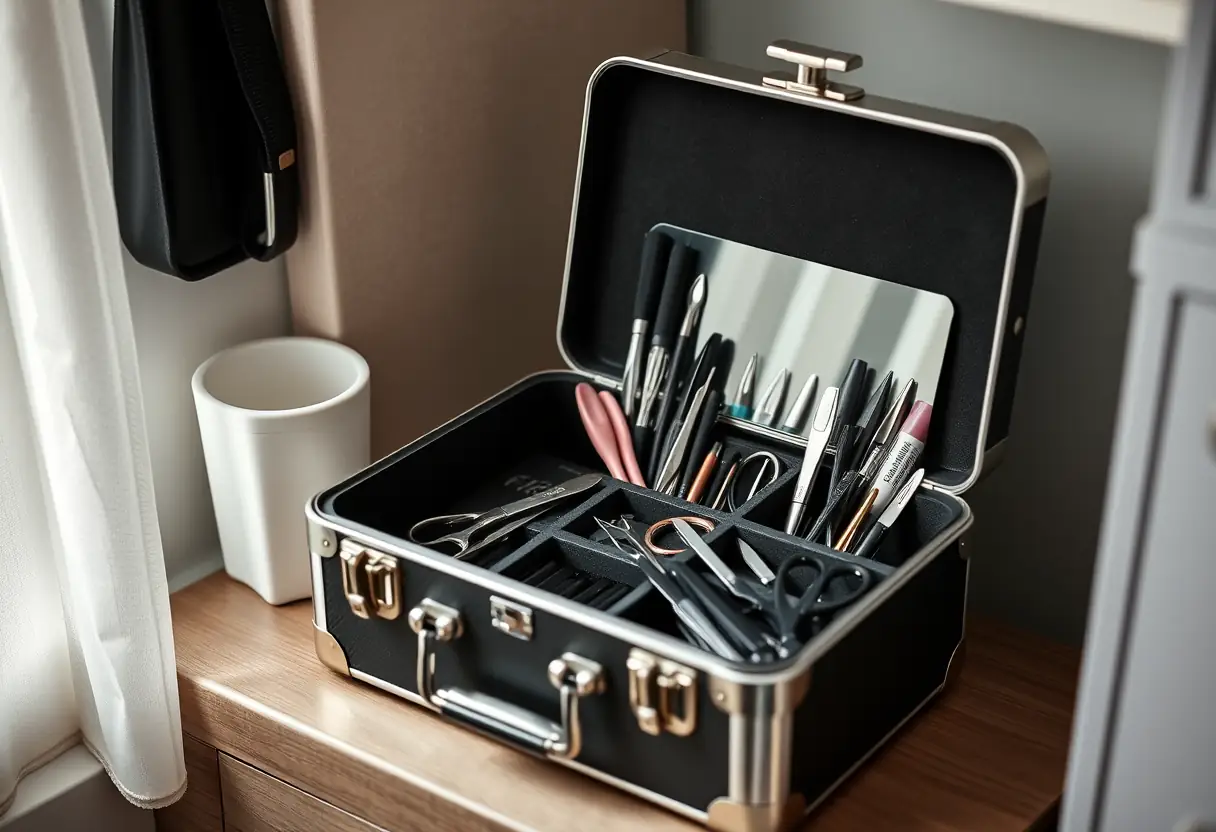 Boîte à outils organisée dans un salon de prothésiste ongulaire, Pont-Remy