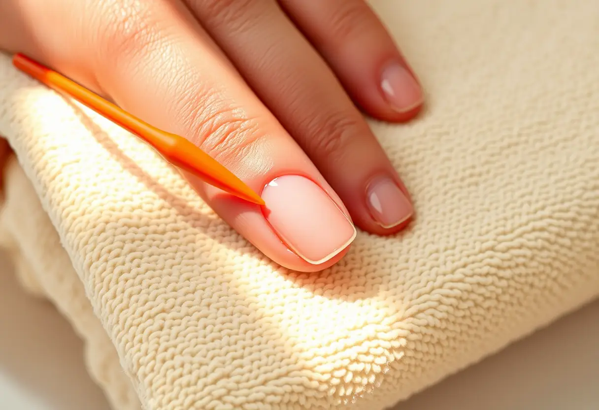 Main de manucure posée sur une serviette blanche avec un bâtonnet orange
