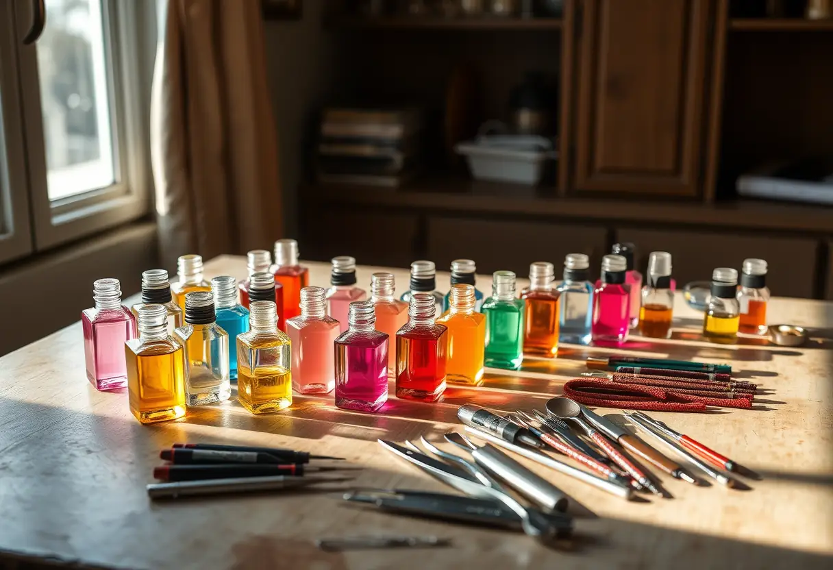 Table de manucure bien utilisée avec des bouteilles en verre contenant des gels colorés et des outils de manucure