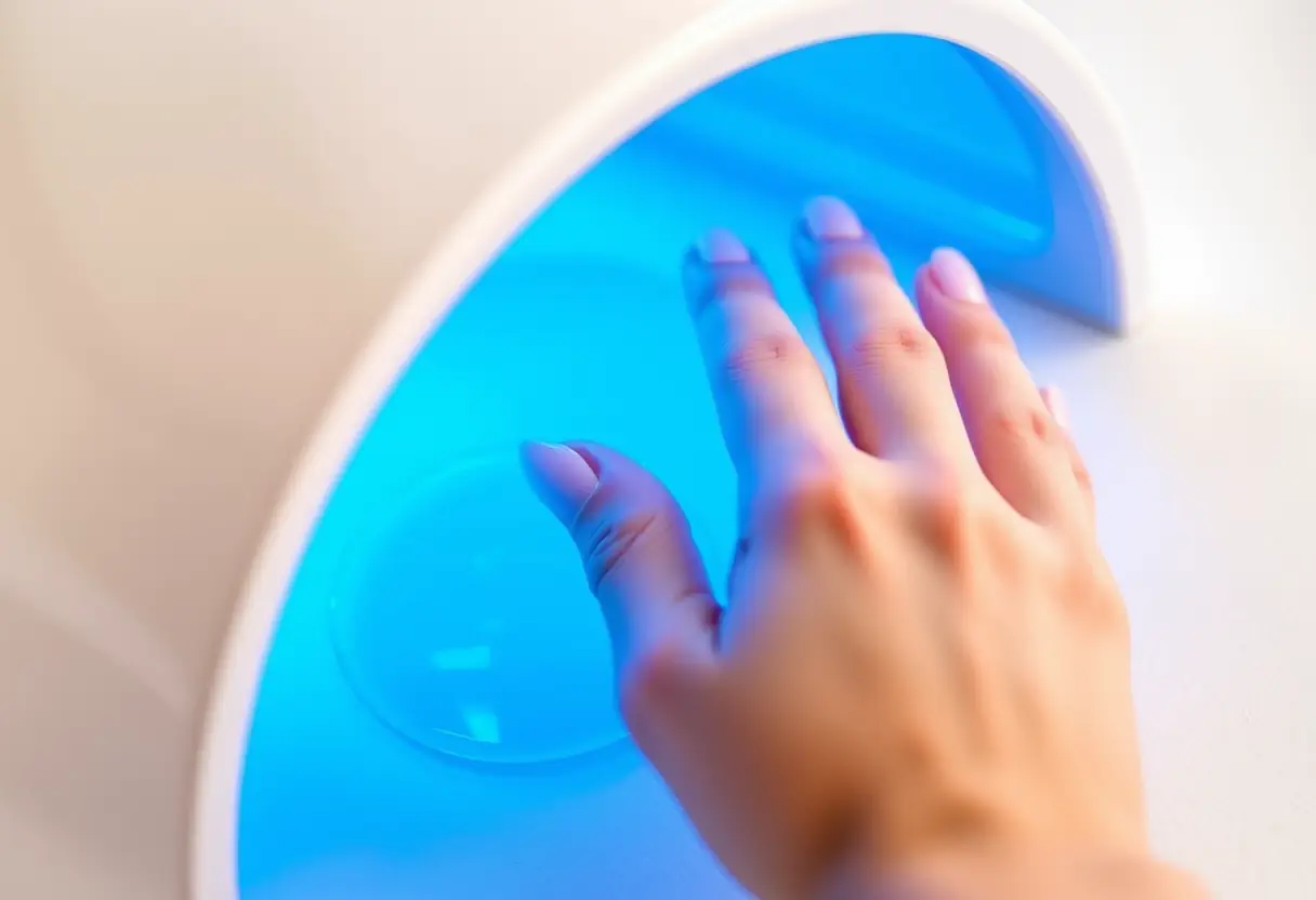 Lampe UV avec sa lumière bleue éclairant un moule en forme de main rempli de gel pour la pose de gel sur les ongles