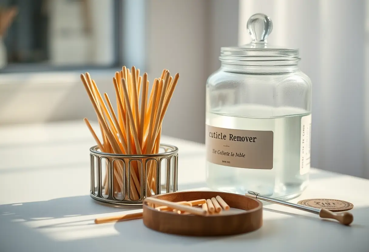 Conteneur de bâtonnets et pot de dissolvant pour cuticules sur la table de manucure