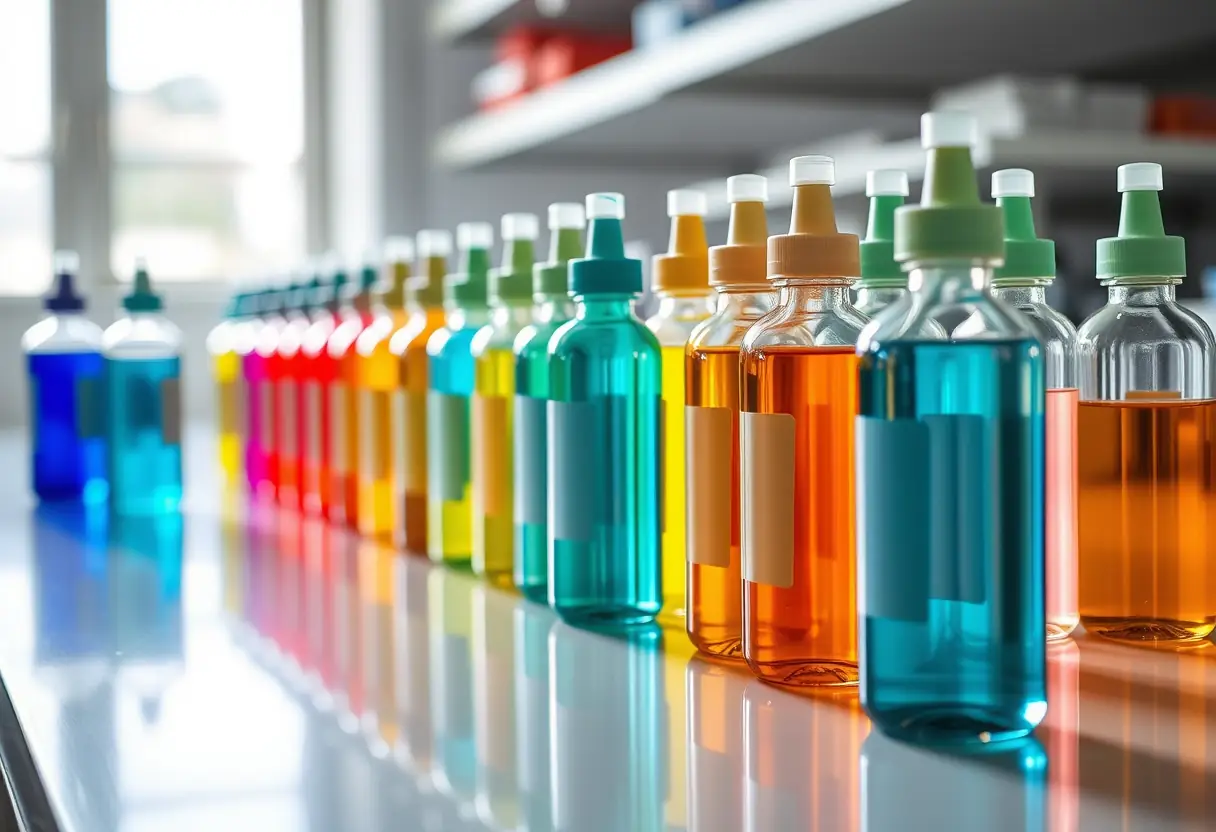 Bouteilles de gel colorées sur une table de travail en atelier de nail art