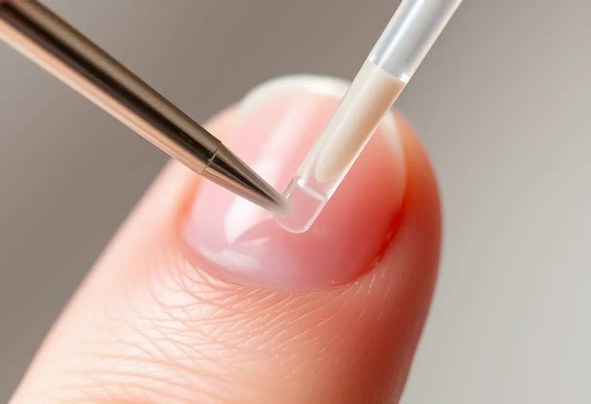 Un ongle court bien entretenue avec une couche de gel transparent appliqué. La texture de la cuticule est mise en valeur