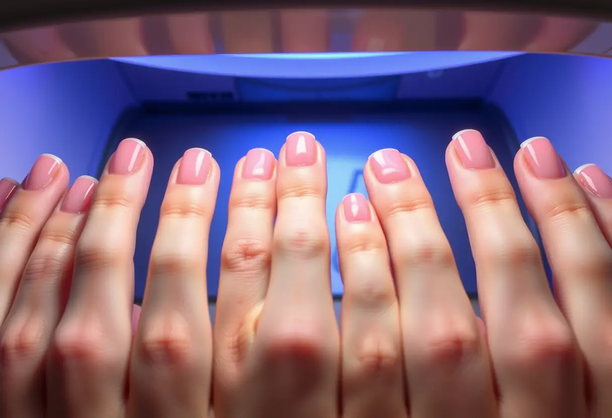 Ongles naturels avec gel poli, sous lampe UV, reflet de lumière