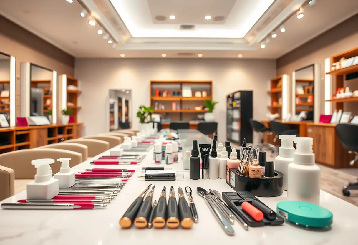 Outils de soins des ongles bien rangés sur une table dans un salon professionnel de beauté