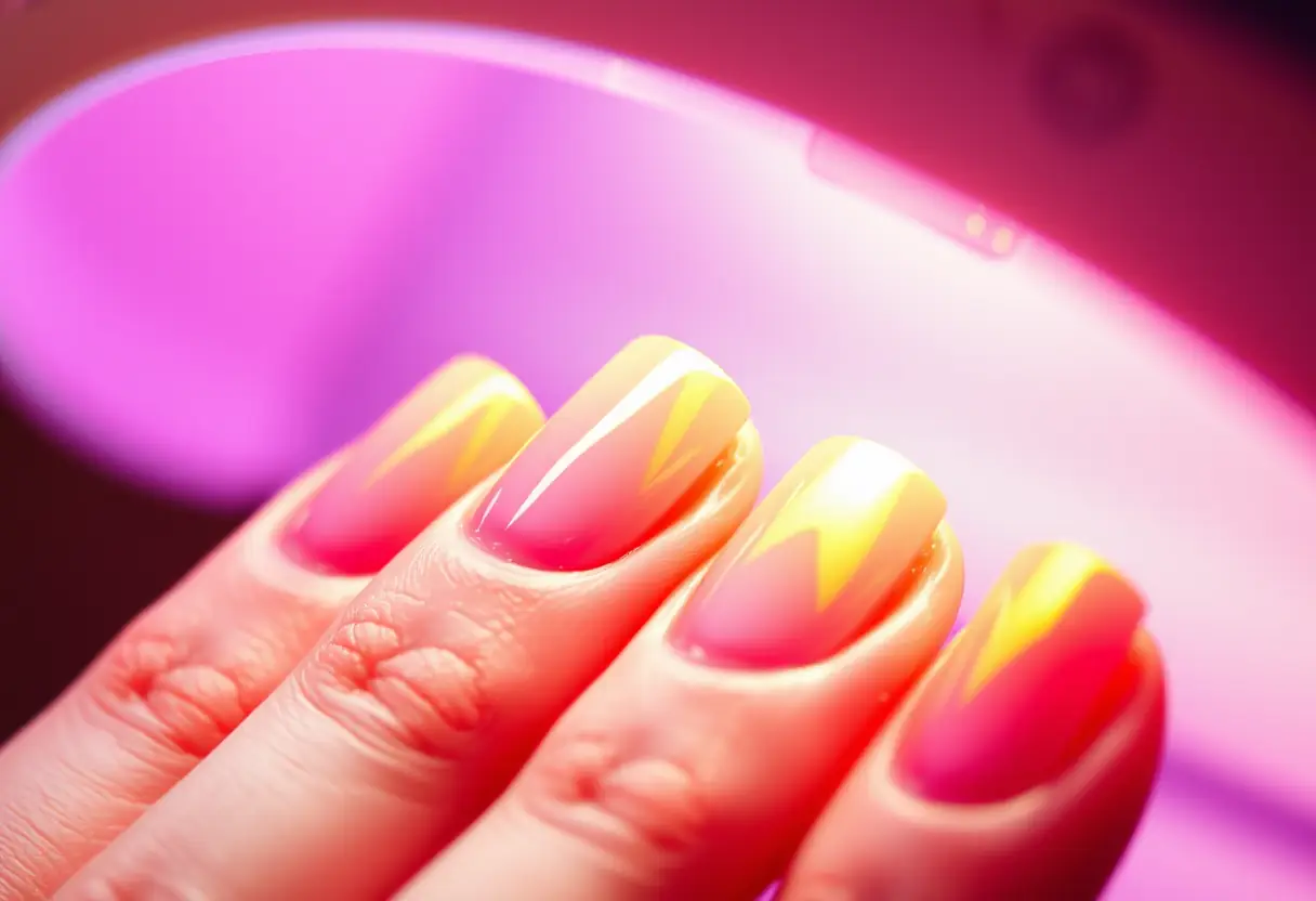 Ongles bien entretenus sous une lampe UV, montrant la brillance du vernis semi-permanent