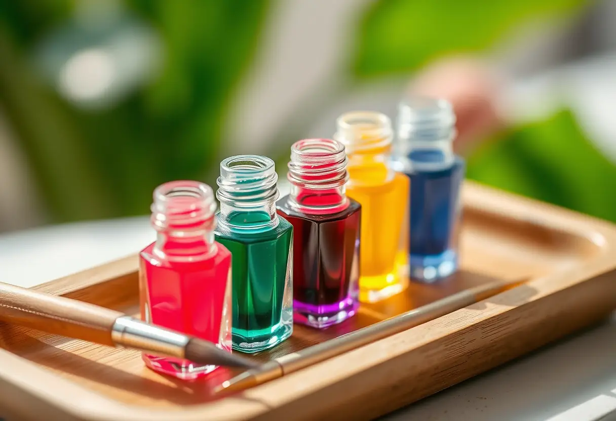 Un kit de manucure avec des bouteilles de gels colorés sur un plateau de bois