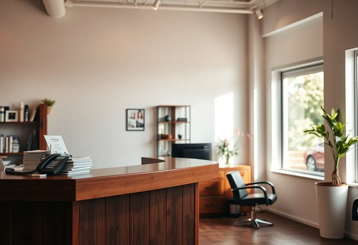 Un comptoir de réception dans un salon de manucure avec une pile de brochures et une fenêtre éclairée par la lumière naturelle