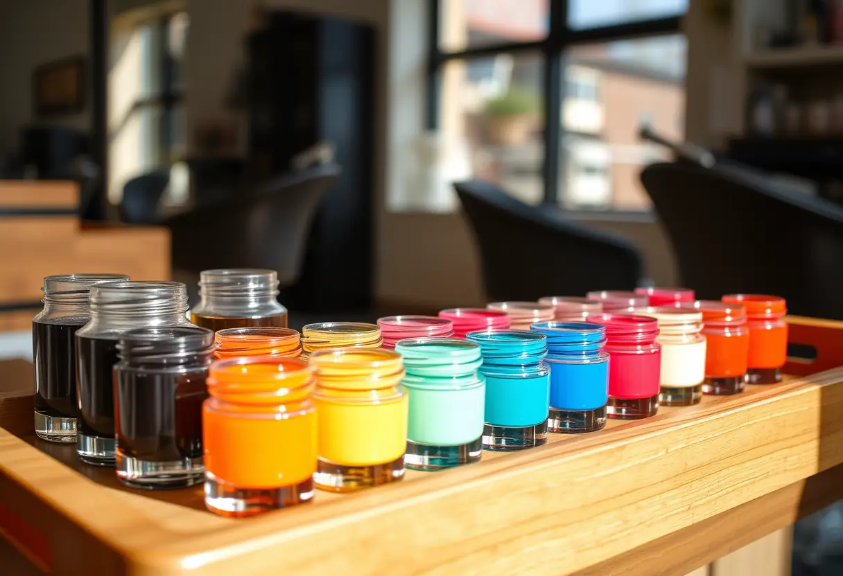Palette de couleurs de gel dans des pots sur un plateau en bois au salon de manucure