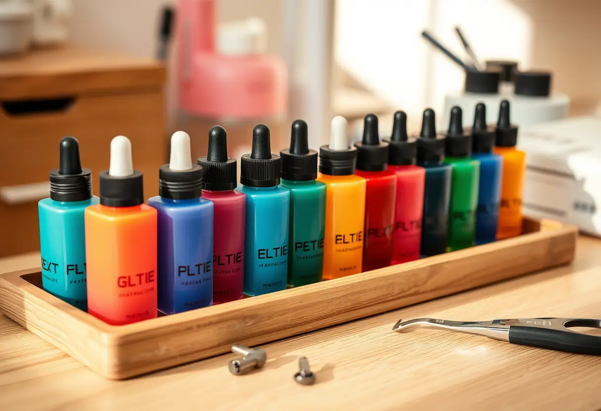 Gel pour ongles sur une étagère bien rangée avec des outils de manucure