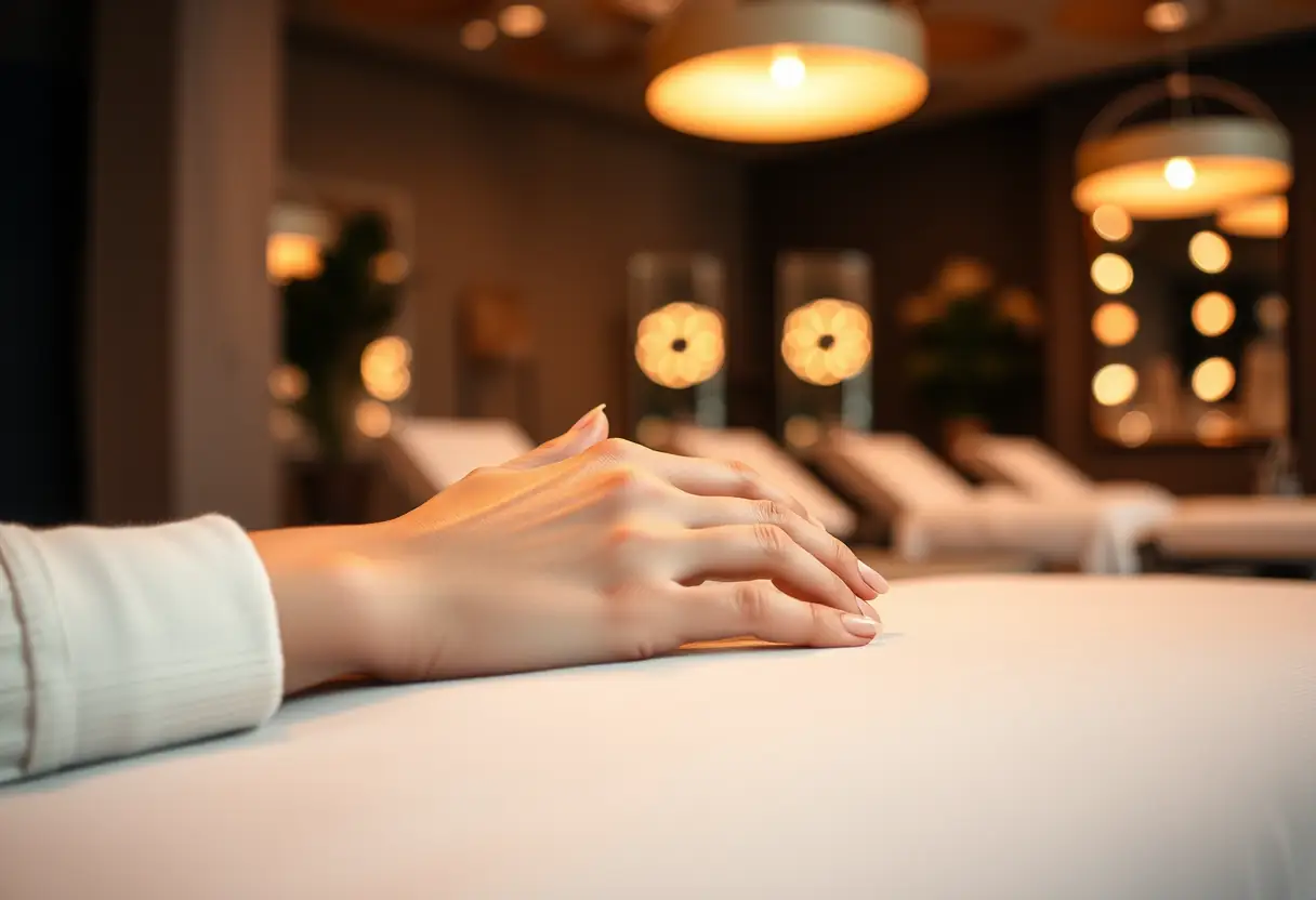 Main posée sur une table de massage dans un salon de nail art