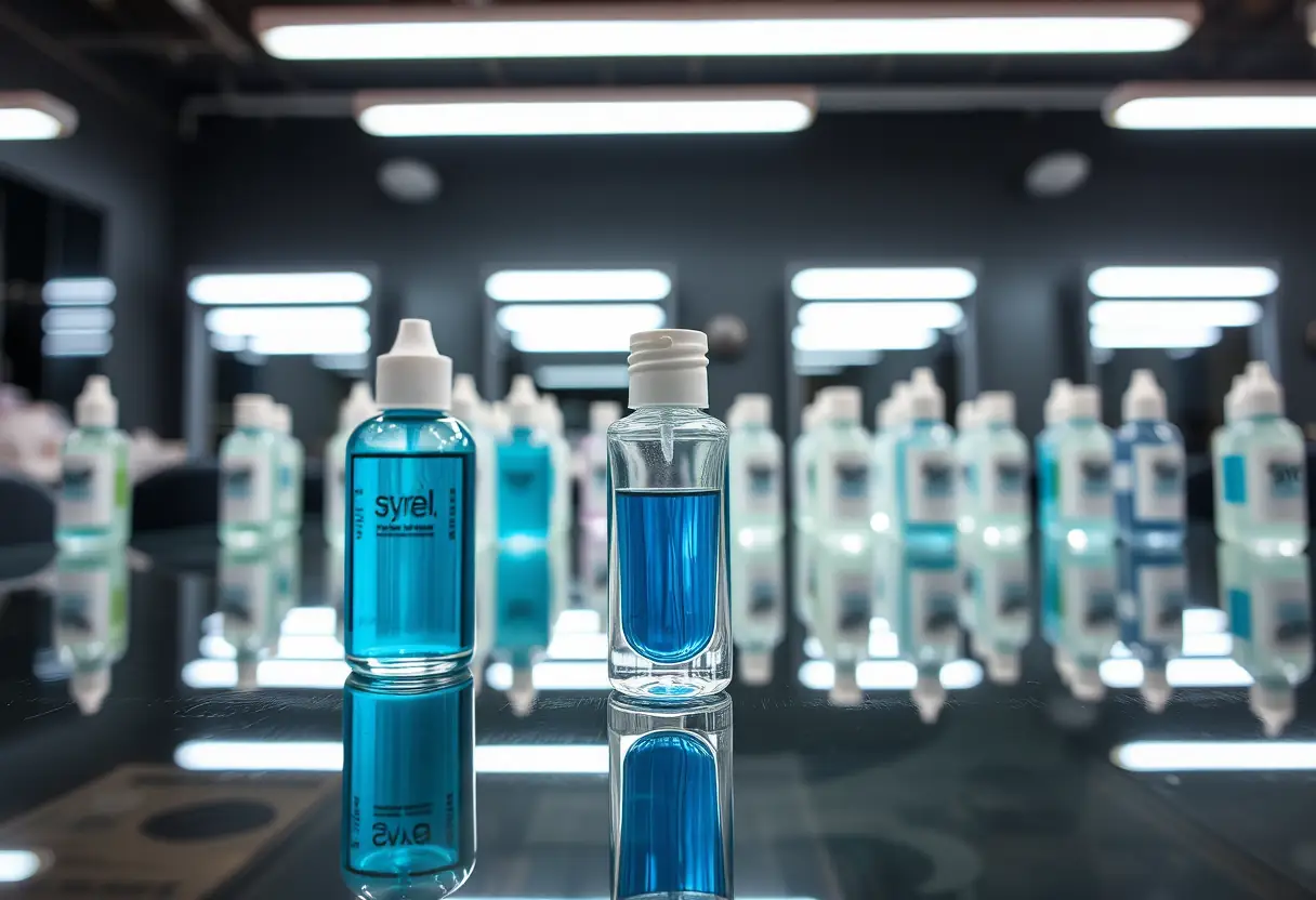 Bouteilles de gel posées sur un bureau de salon, lumière naturelle
