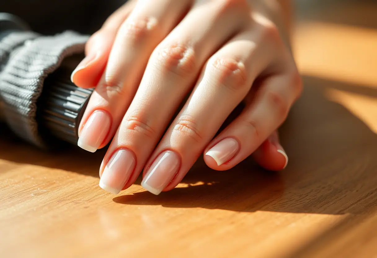 Main de femme aux ongles courts vernis avec du gel clair posée sur une table en bois