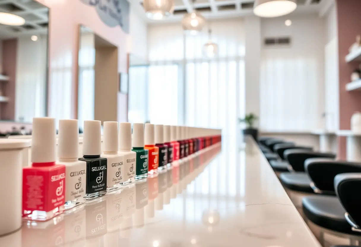 Bouteilles de gel à ongles alignées sur un comptoir de salon