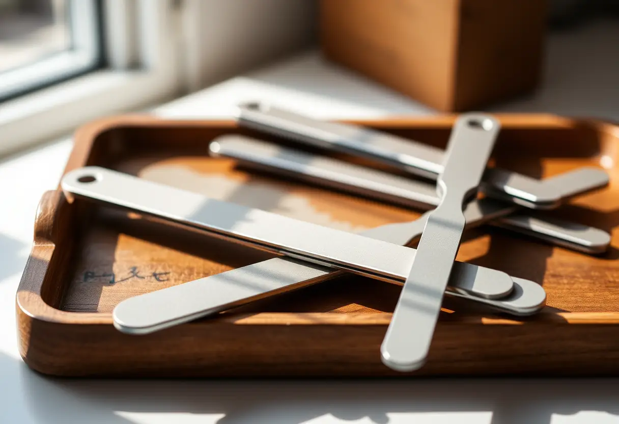 Outils de manucure posés sur un plateau de bois, éclairés par la lumière du jour, nuage “ ”