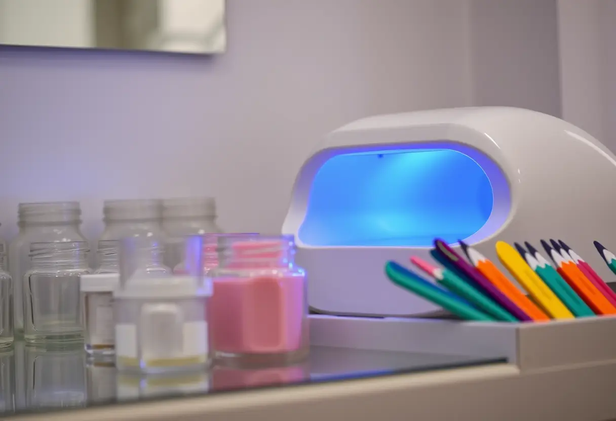 Un poste de manucure avec une lampe UV bleue et des bocaux de polishes dans un salon d'ongles