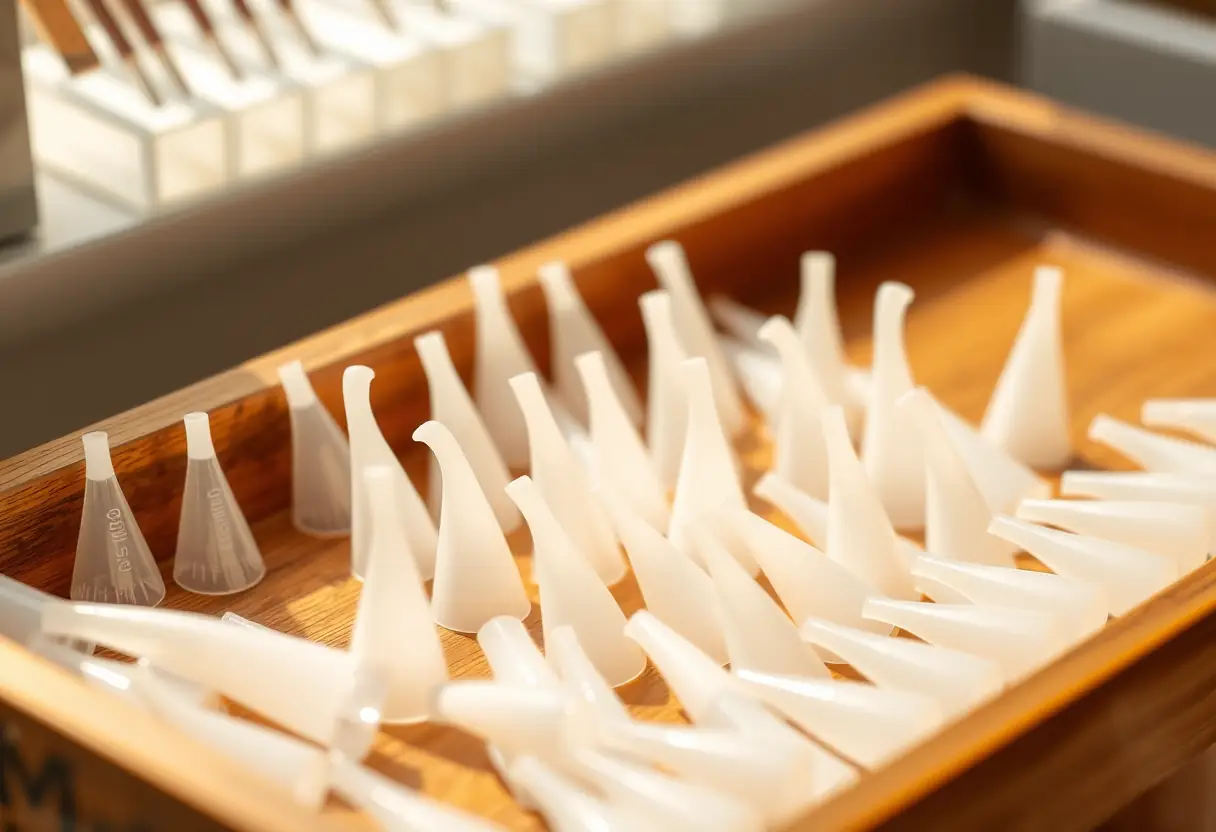 Capsules en plastique de différents styles sur un plateau dans une salon d'ongles