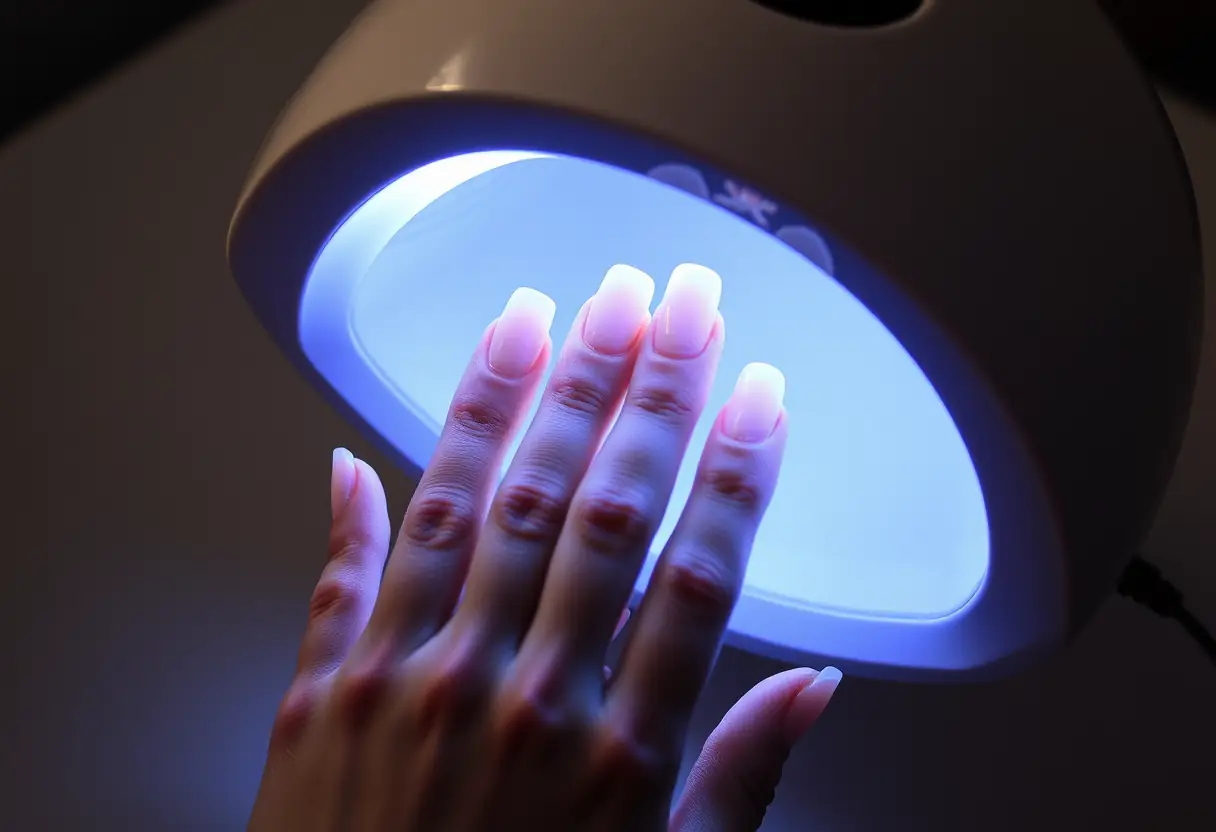 Main d'esthéticienne avec lampe UV sur des ongles fraîchement posés