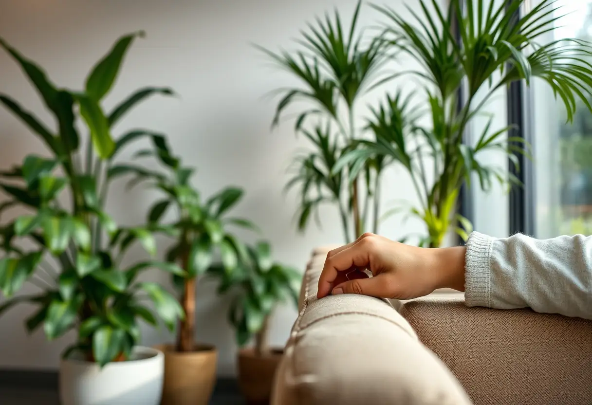 Une main de cliente repose sur un accoudoir moelleux dans une salle d'attente lumineuse avec des plantes, Pont-Remy