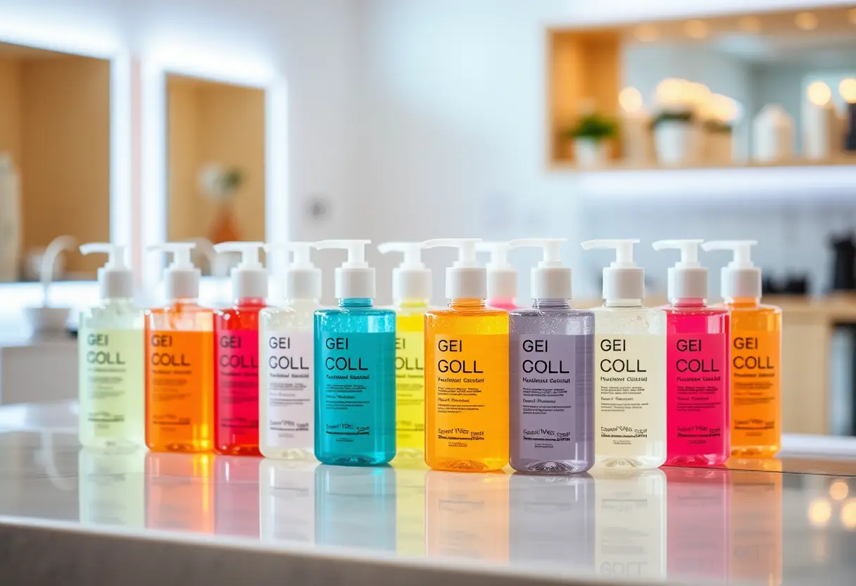 Bouteilles de gel de différentes couleurs dans un salon de nail art