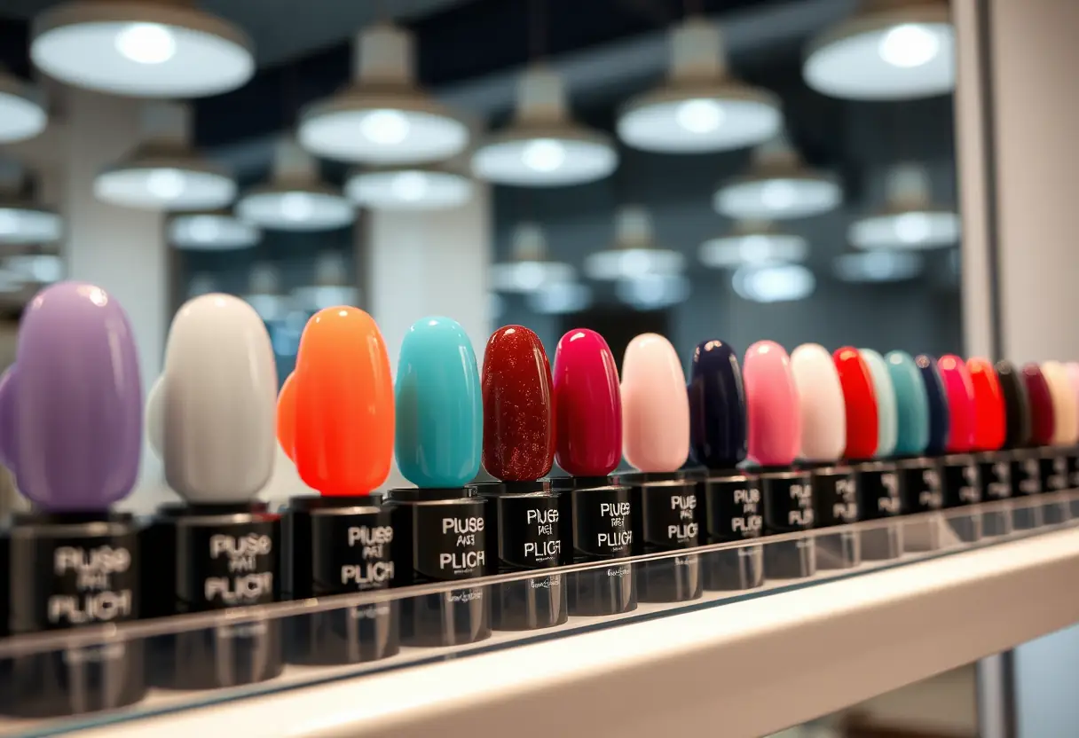 Un éventail de gels à ongles de différentes couleurs et formes sur une étagère dans un salon de coiffure