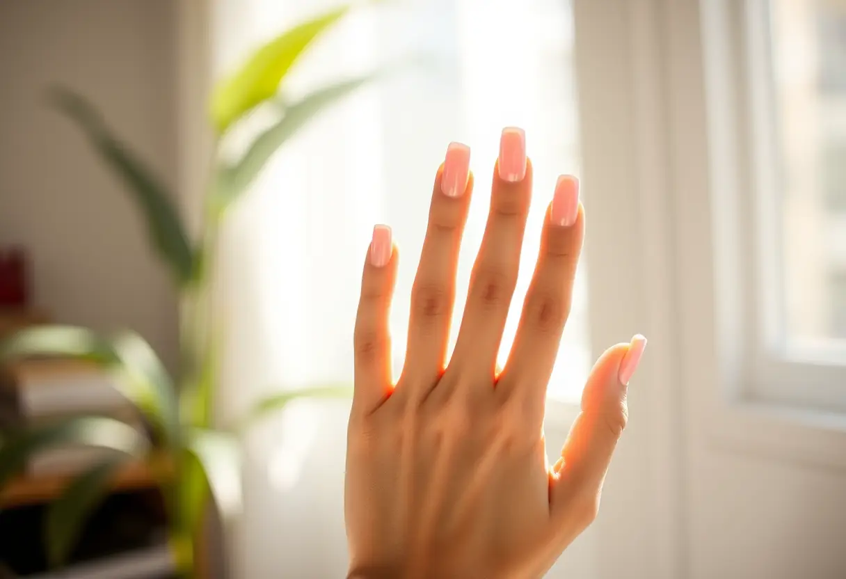 Une cliente examine ses ongles récemment terminés, longs et élégants, sous la lumière naturelle