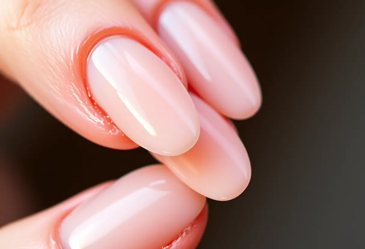 Ongles en forme d'amande fraîchement peints avec une couche de gel clair pour une finition brillante, pose d'ongles en gel