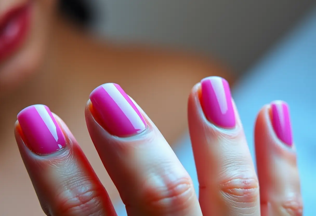 Main gauche bien manucurée sous lumière UV, établissement professionnel de soins des ongles