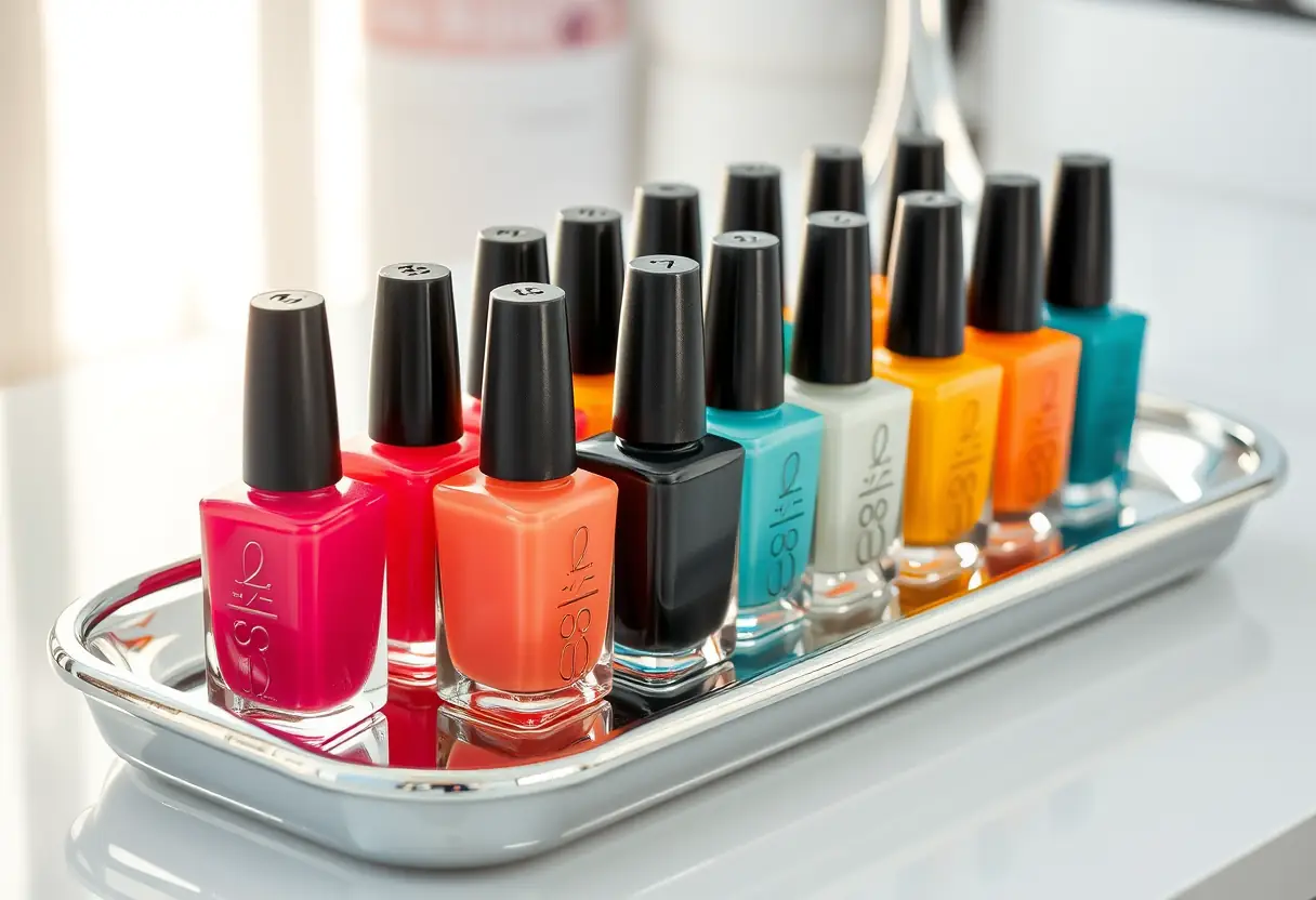 Station de manucure professionnelle avec bouteilles de vernis de différentes couleurs disposées sur un plateau chromé