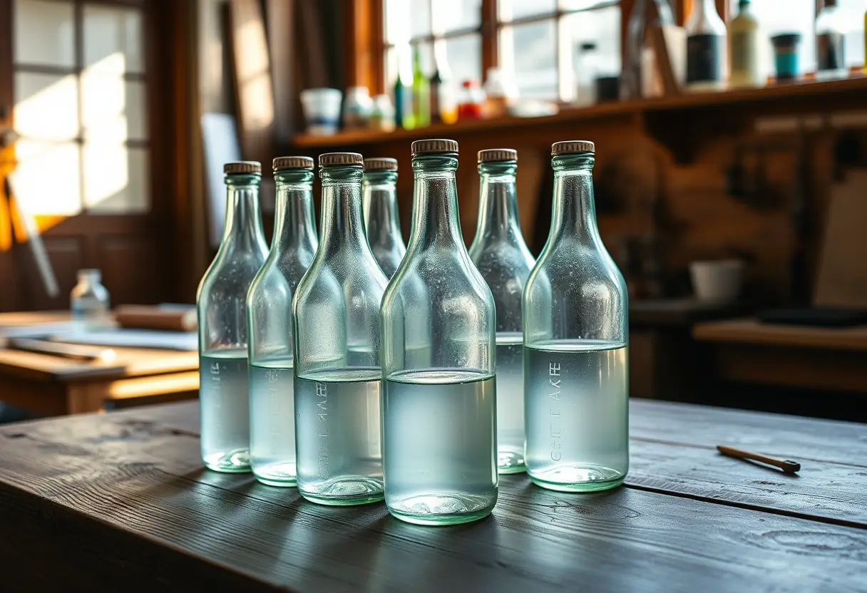 Bouteilles de liquide clair sur une table de bois, lumière naturelle