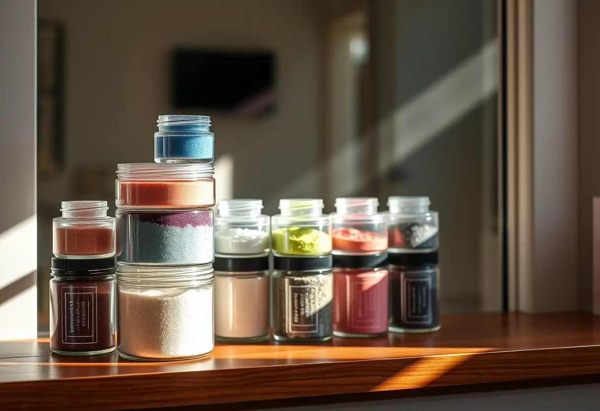 Des bocaux contenant diverses poudres de couleurs pour les ongles acryliques