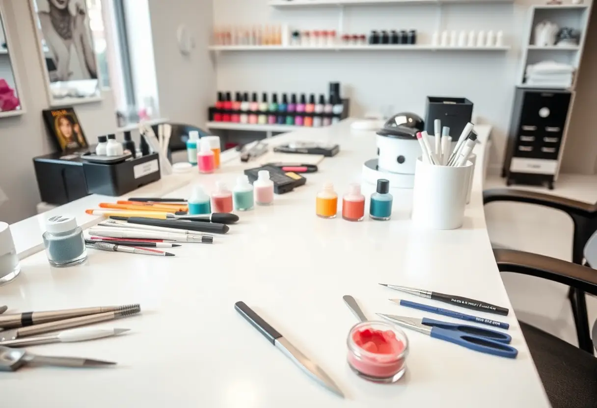 Outils et poudres acryliques rangés dans un salon de nail art