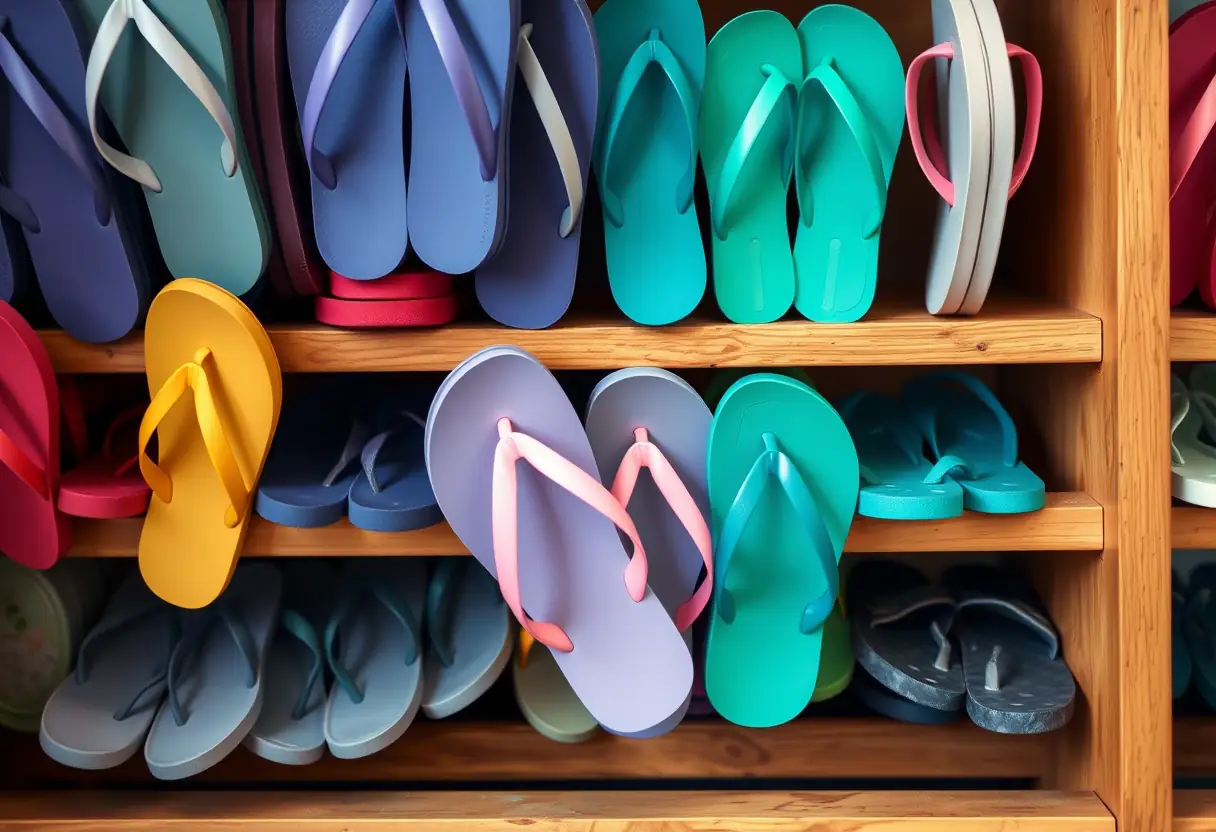 Chaussons et sandales rangés dans une armoire, sujet pédicure-podologue