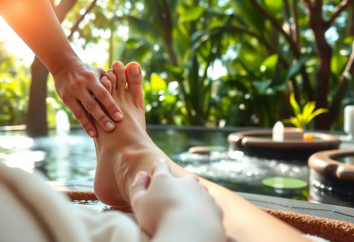 Un pied en train d'être massé dans un environnement relaxant, lié au sujet des prix de la pédicure