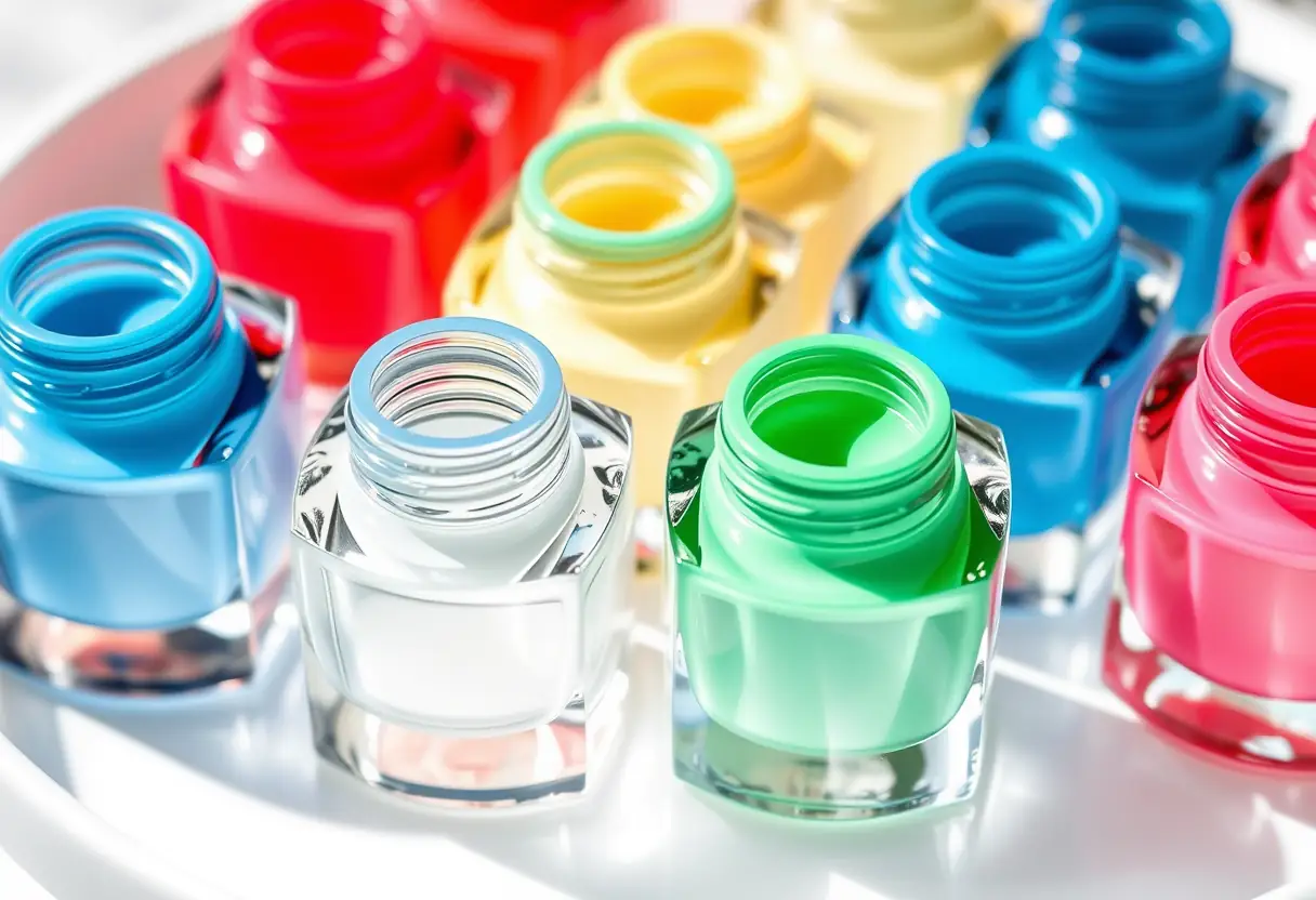 Bouteilles de gel pour ongles disposées sur un plateau blanc