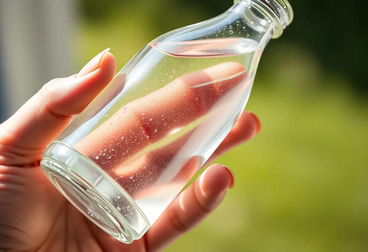 Main de manucure tenant une bouteille de liquide clair, texte alternatif en français
