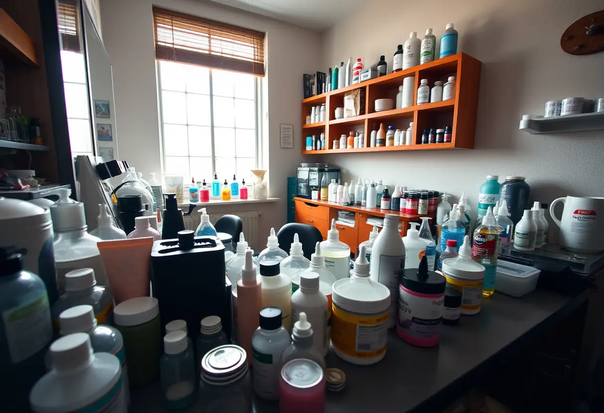Station de travail d'un salon de coiffure avec bocaux et bouteilles pour soins des ongles, texte alternatif en français