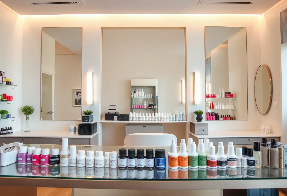 Comptoir de produits de soins des ongles dans un salon de coiffure, éclairé naturellement