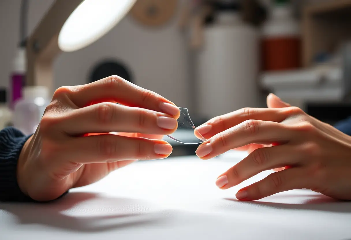 Main du prothésiste façonnant une prothèse ongulaire en acrylique claire au salon Nails Perfect